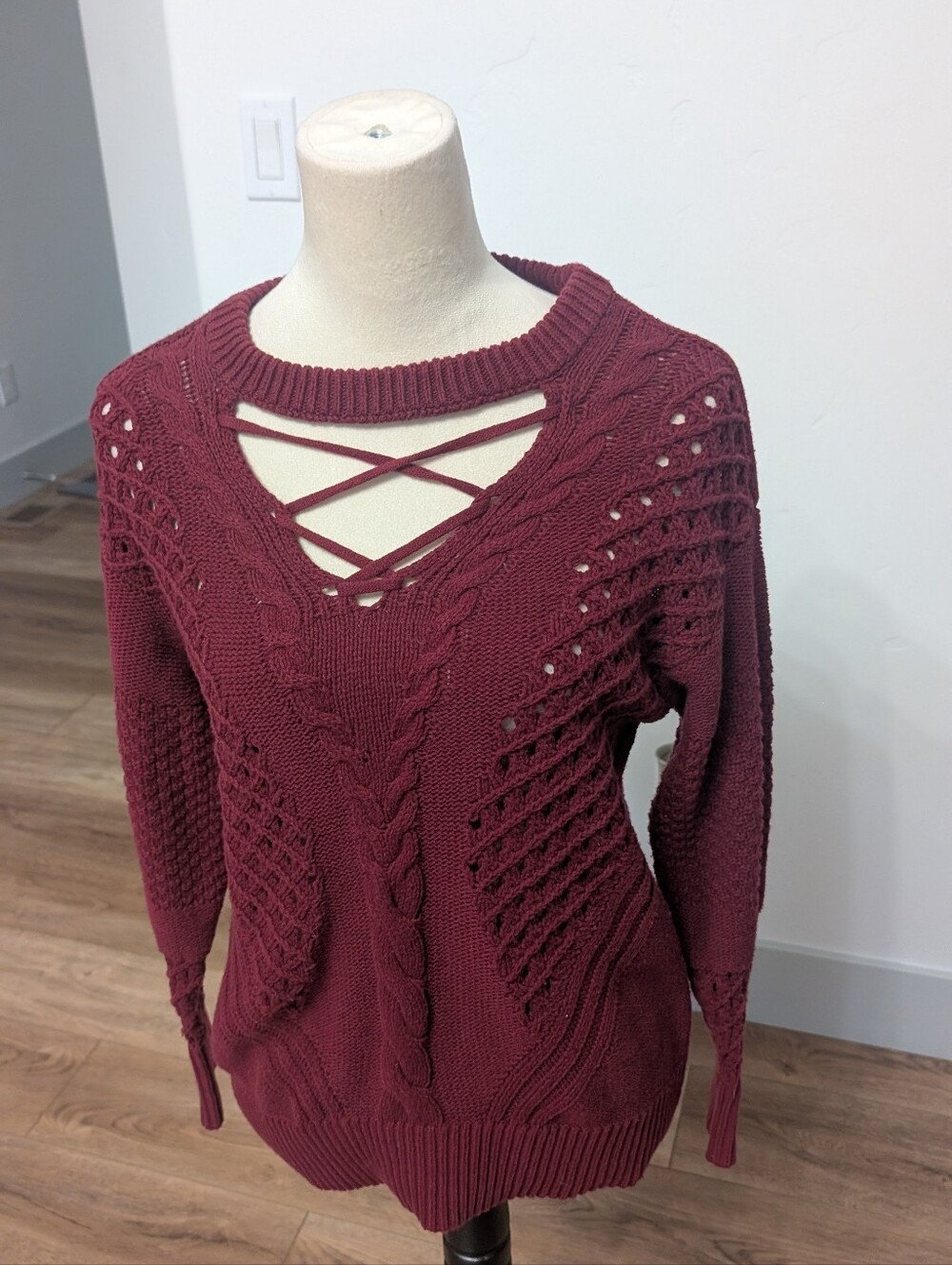 Maurices Burgundy Criss-Cross Cable Knit Sweater